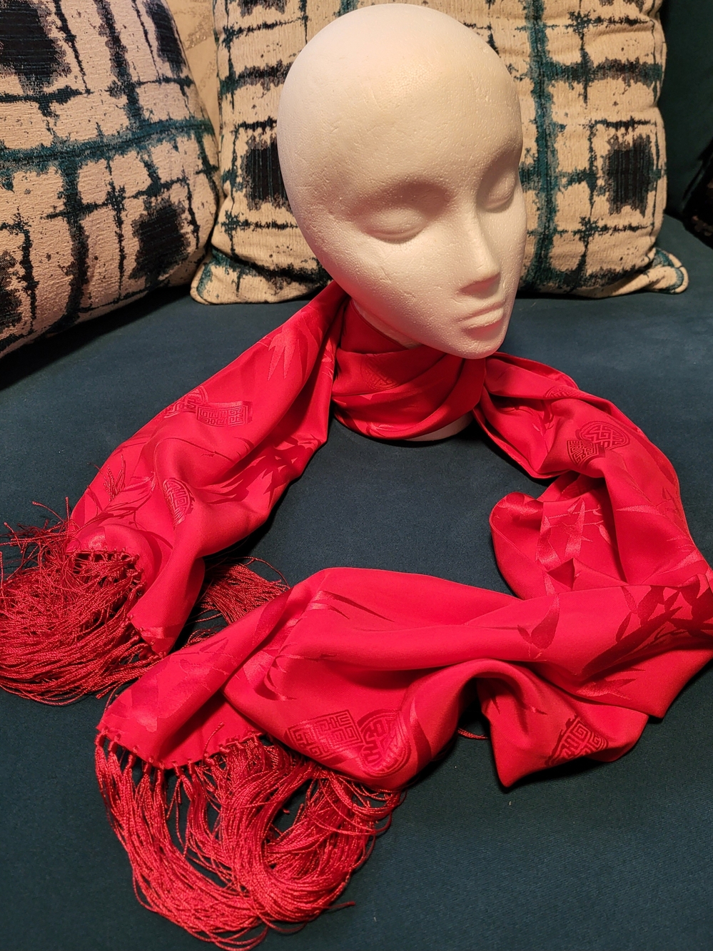 Vibrant Red Fringe Satin Scarf